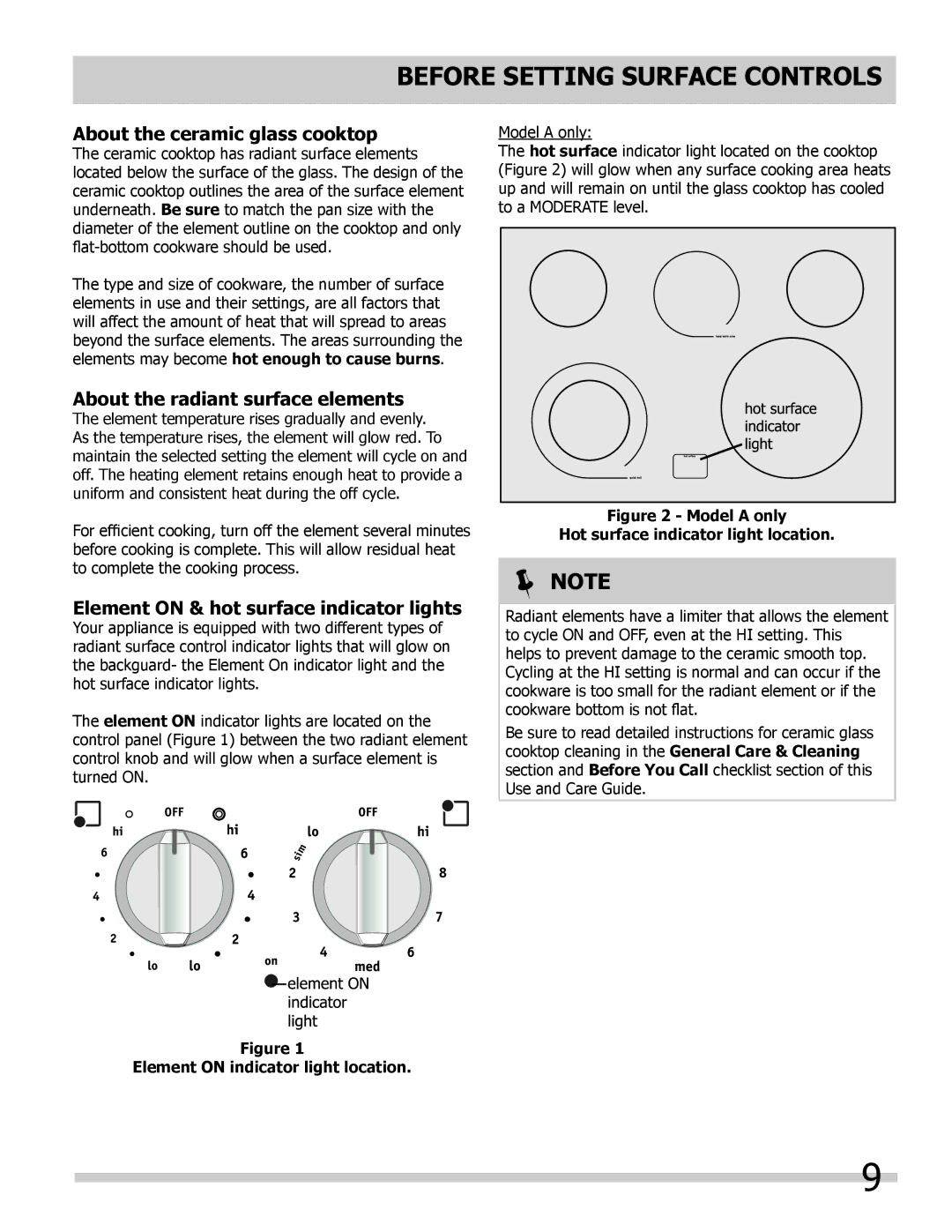 Frigidaire FGES3045KF Before Setting Surface Controls, About the ceramic glass cooktop, About the radiant surface elements 
