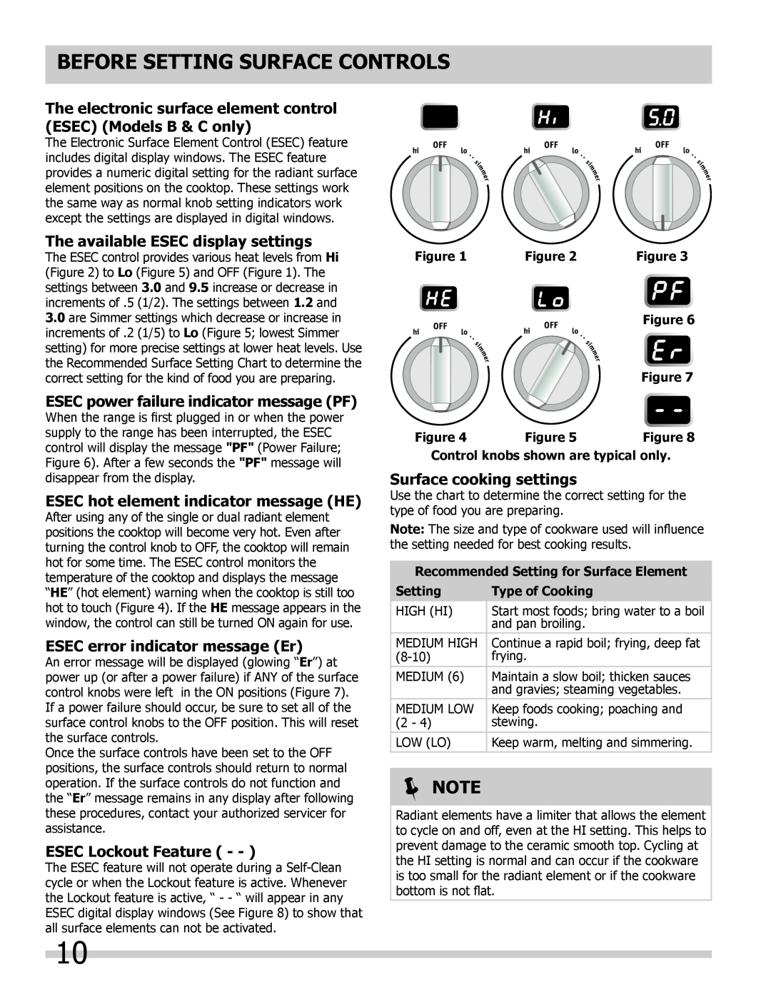 Frigidaire FGES3045KB The electronic surface element control ESEC Models B & C only, The available ESEC display settings 