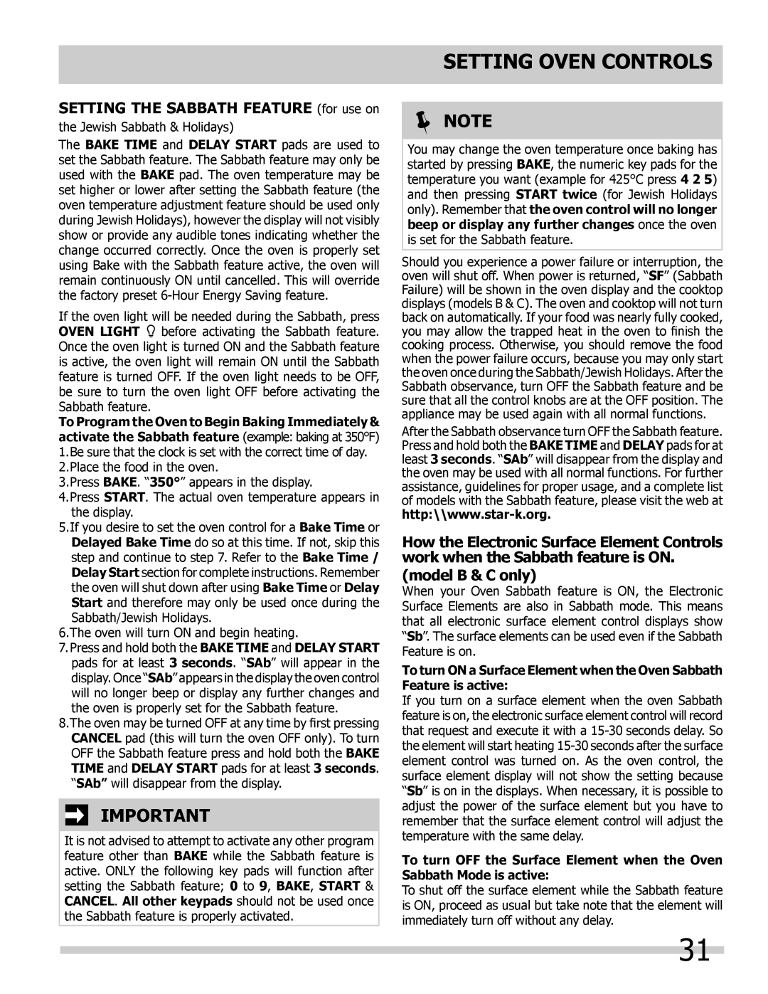 Frigidaire FGES3045KB, FGES3065KF, FGES3065KB SETTING THE SABBATH FEATURE for use on, Setting Oven Controls,  Note 