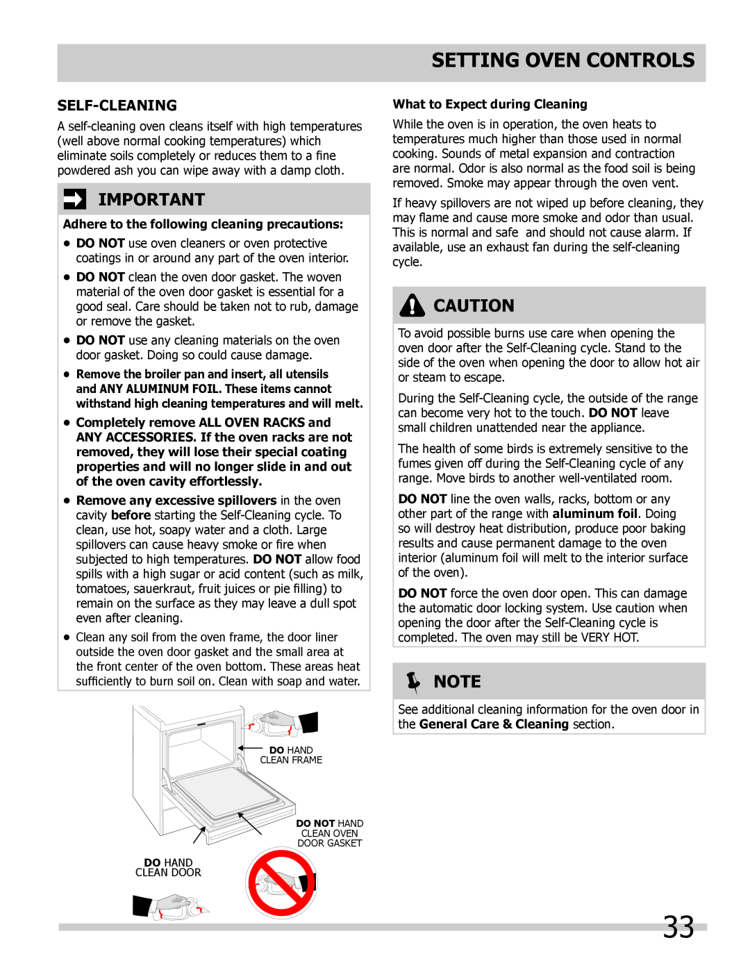 Frigidaire FGES3065KW Self-Cleaning, Adhere to the following cleaning precautions, What to Expect during Cleaning,  Note 
