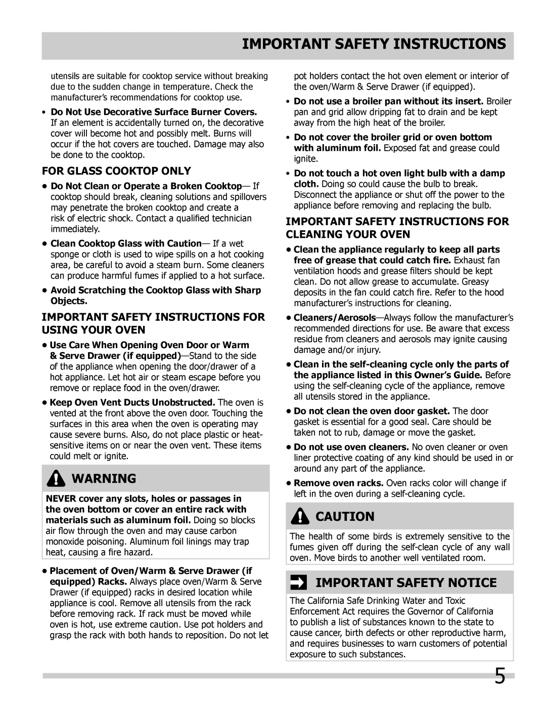 Frigidaire FGES3065KW Important Safety Notice, For Glass Cooktop Only, Important Safety Instructions For Using Your Oven 