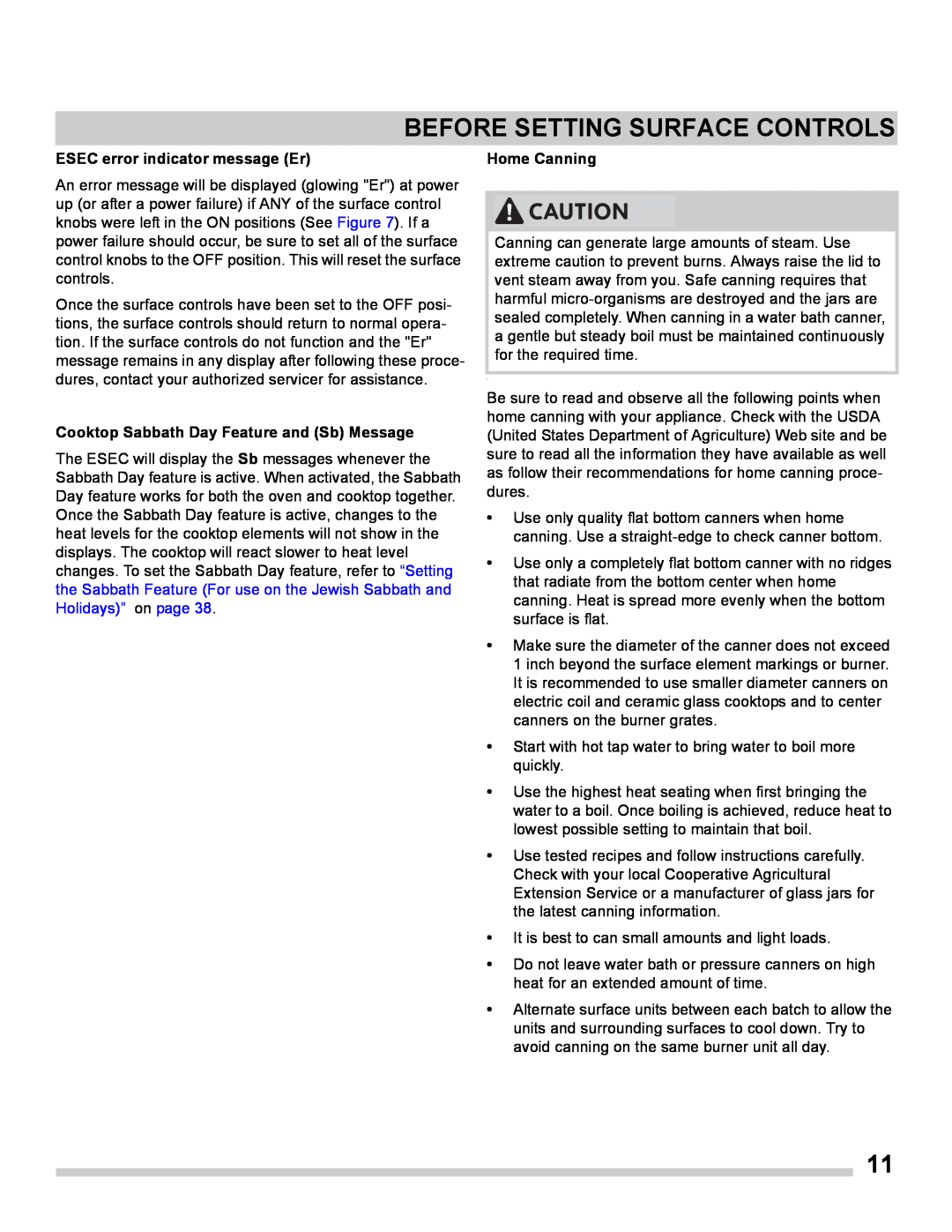 Frigidaire FGES3065PF manual Before Setting Surface Controls, ESEC error indicator message Er, Home Canning 