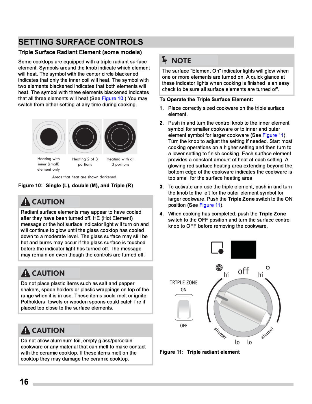 Frigidaire FGES3065PF manual Triple Surface Radiant Element some models, Setting Surface Controls, Triple radiant element 