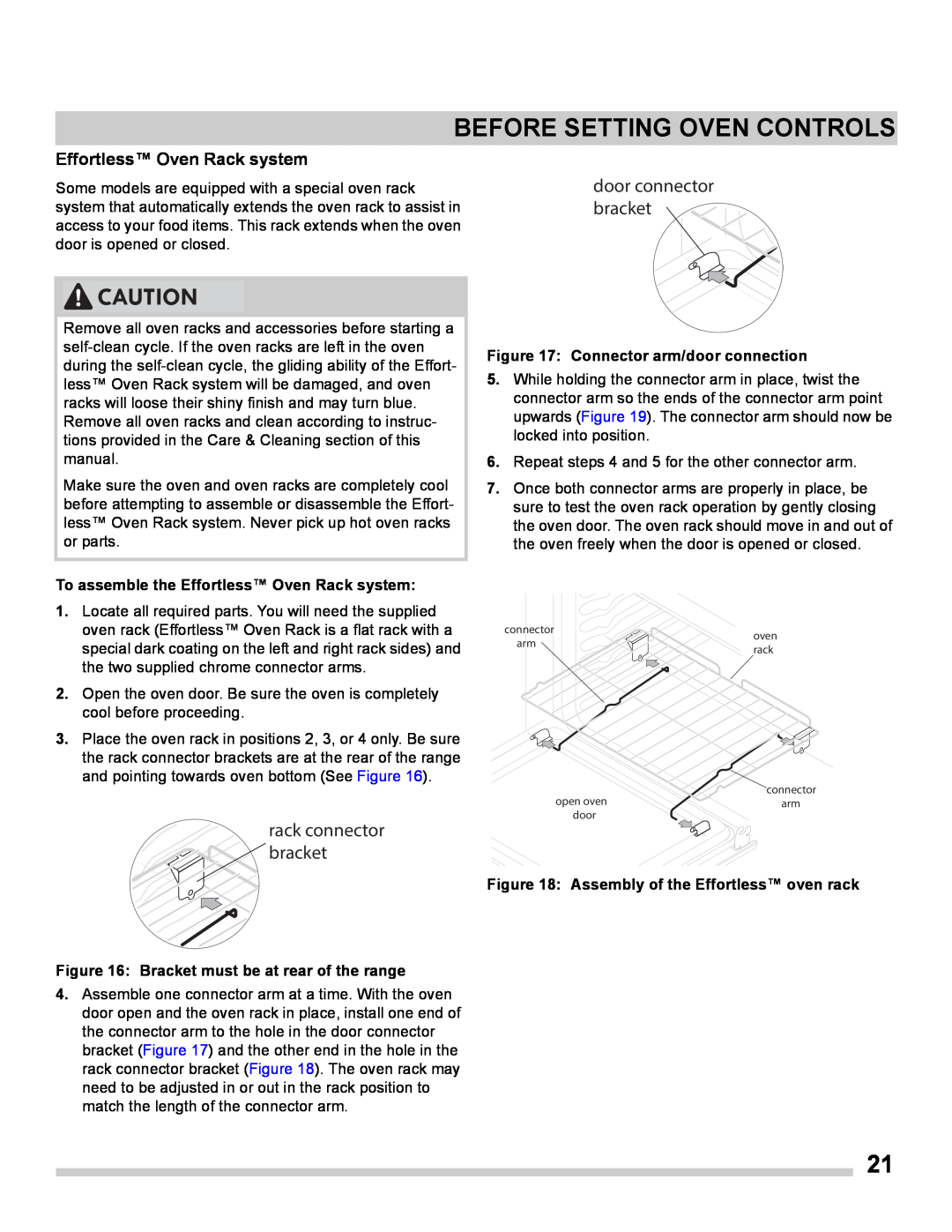 Frigidaire FGES3065PF manual Effortless Oven Rack system, Before Setting Oven Controls, rack connector bracket 