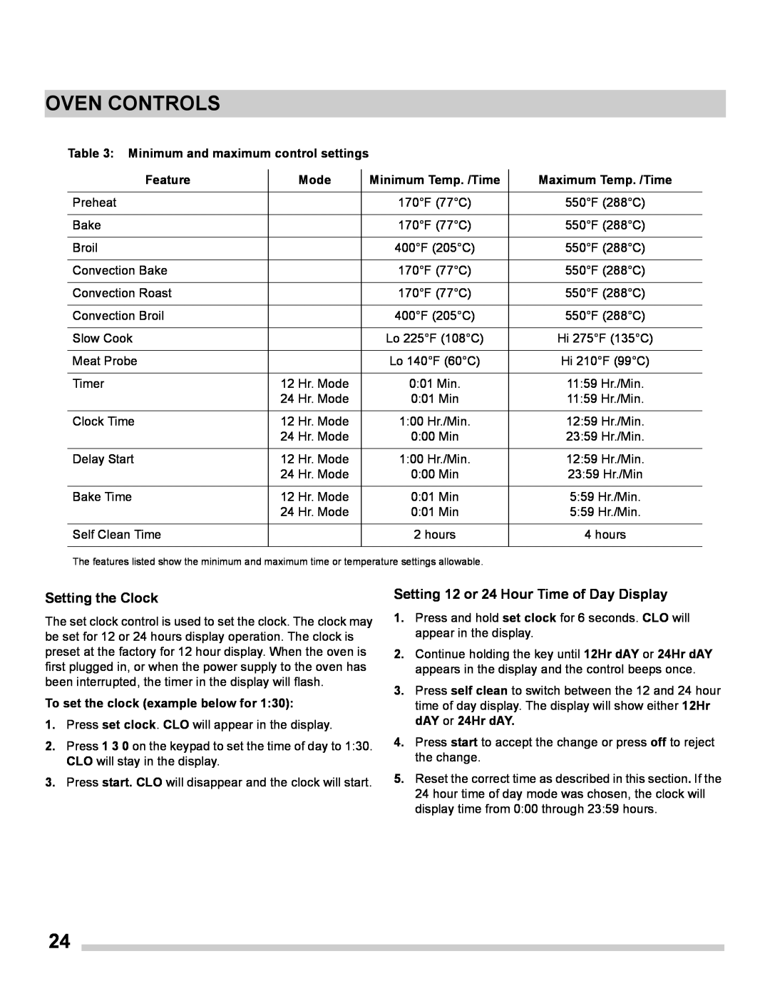 Frigidaire FGES3065PF manual Setting the Clock, Setting 12 or 24 Hour Time of Day Display, Oven Controls, Feature, Mode 