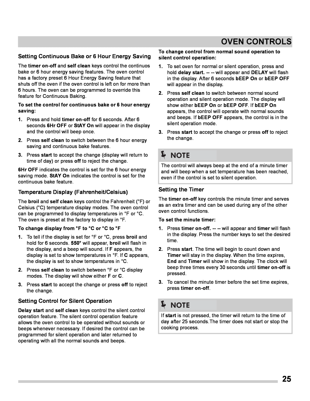 Frigidaire FGES3065PF manual Setting Continuous Bake or 6 Hour Energy Saving, Temperature Display Fahrenheit/Celsius 