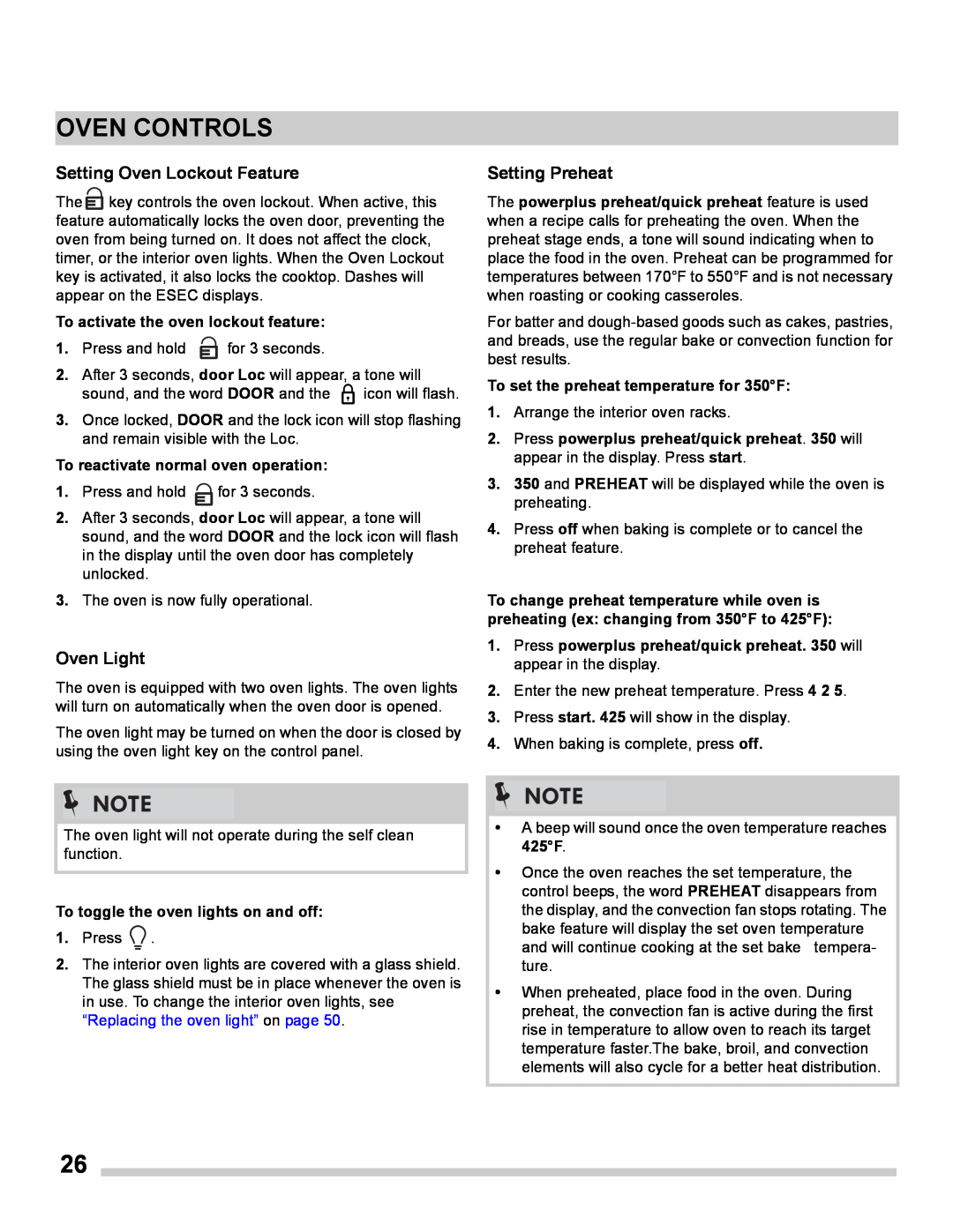 Frigidaire FGES3065PF manual Setting Oven Lockout Feature, Oven Light, Setting Preheat, Oven Controls 