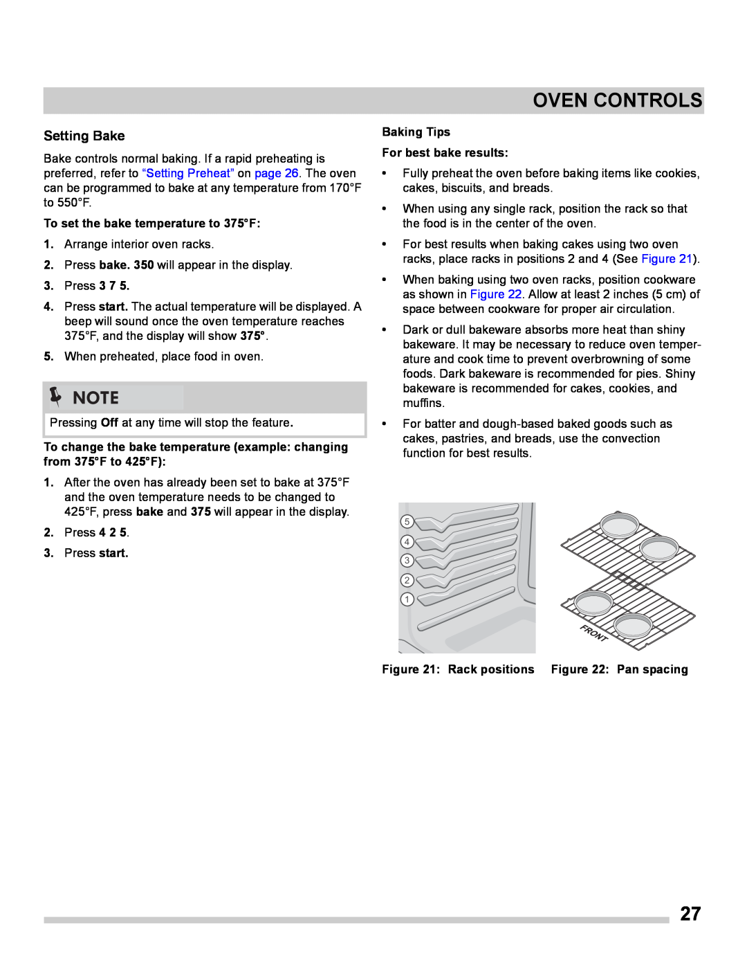 Frigidaire FGES3065PF Setting Bake, Oven Controls, To set the bake temperature to 375F, Baking Tips For best bake results 