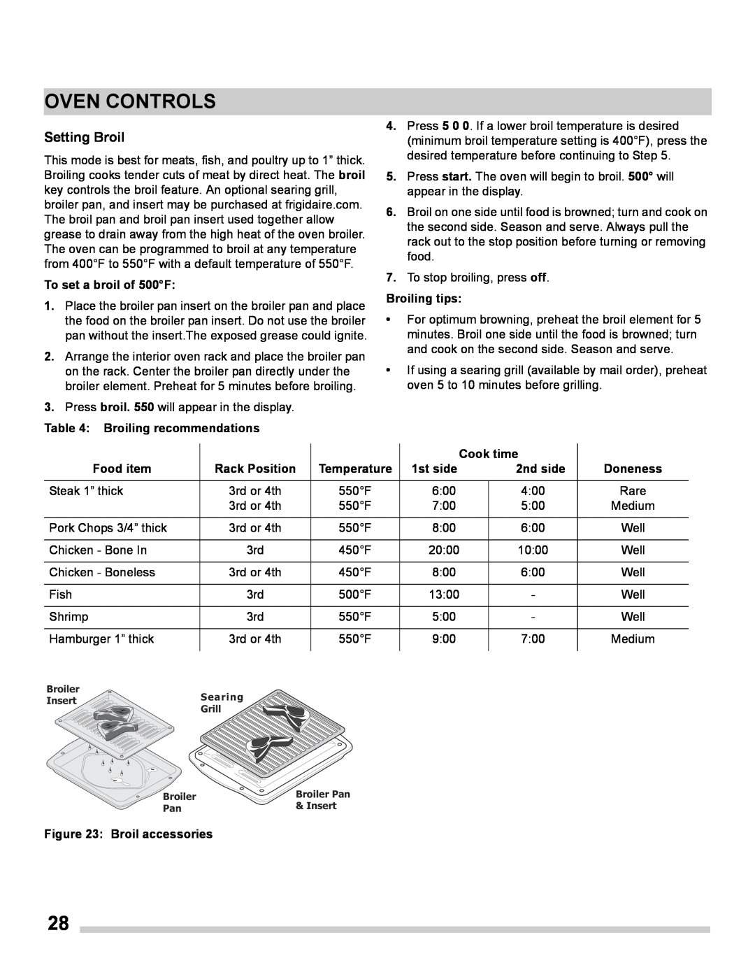 Frigidaire FGES3065PF manual Setting Broil, Oven Controls, To set a broil of 500F, Broiling recommendations, Broiling tips 