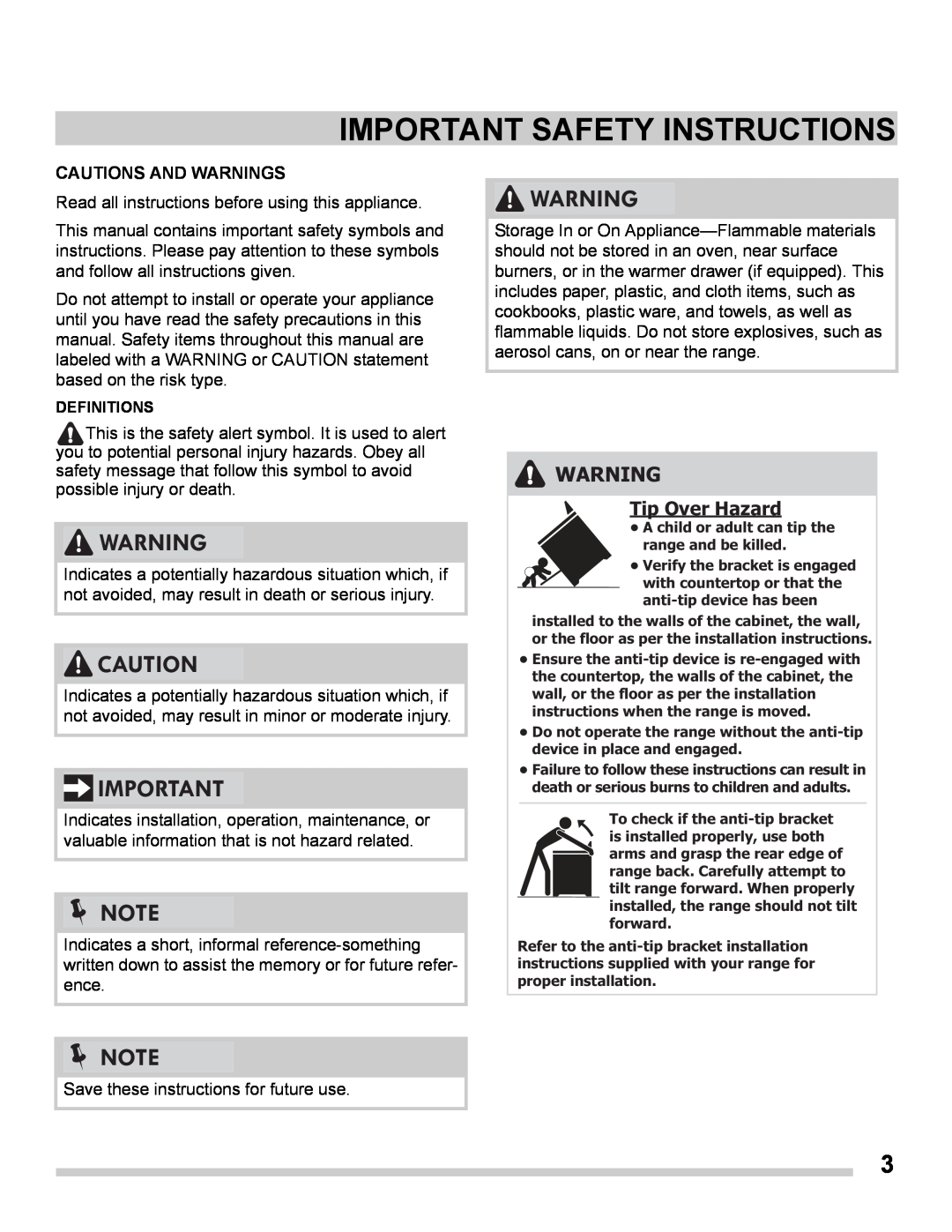 Frigidaire FGES3065PF manual Cautions And Warnings, Important Safety Instructions, Tip Over Hazard 