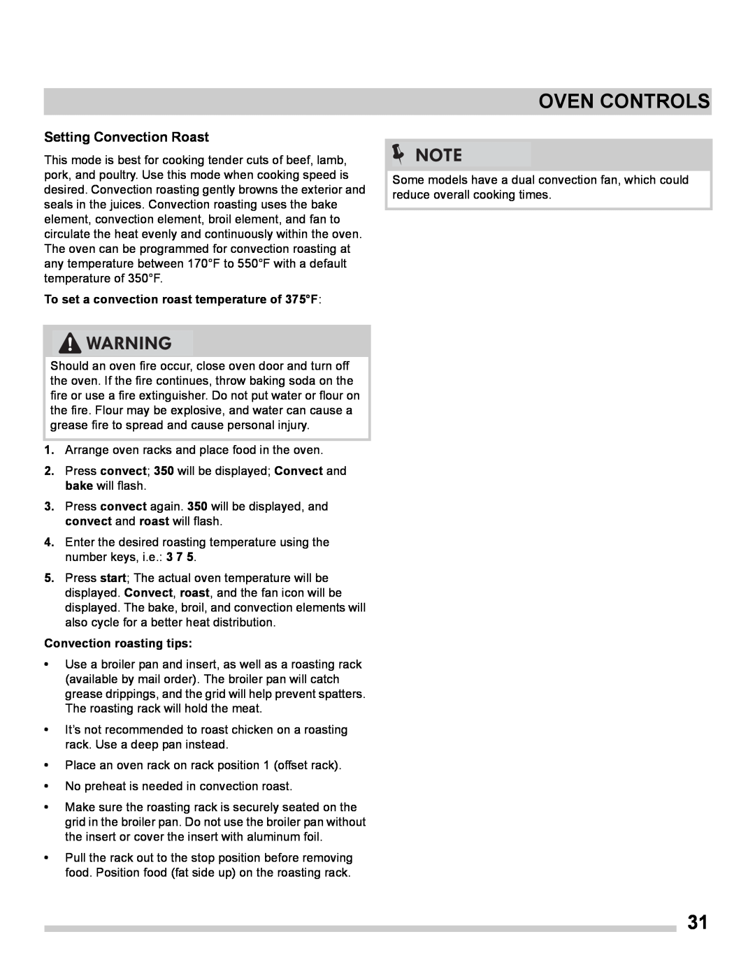 Frigidaire FGES3065PF manual Setting Convection Roast, Oven Controls, To set a convection roast temperature of 375F 