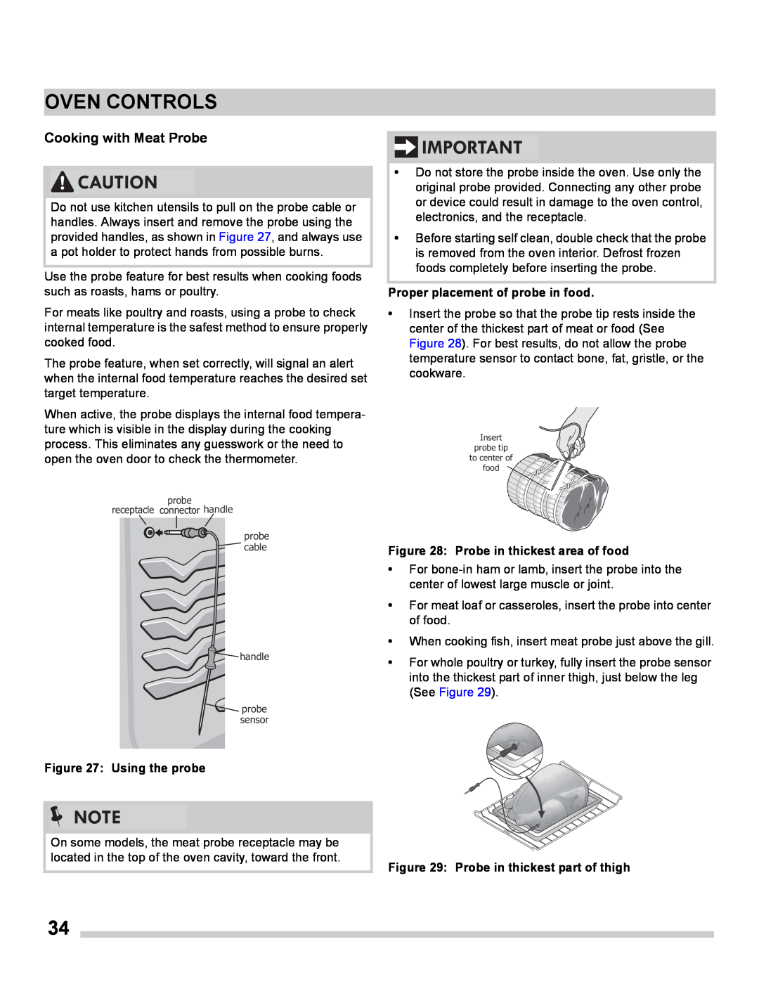 Frigidaire FGES3065PF manual Cooking with Meat Probe, Oven Controls, Using the probe, Proper placement of probe in food 