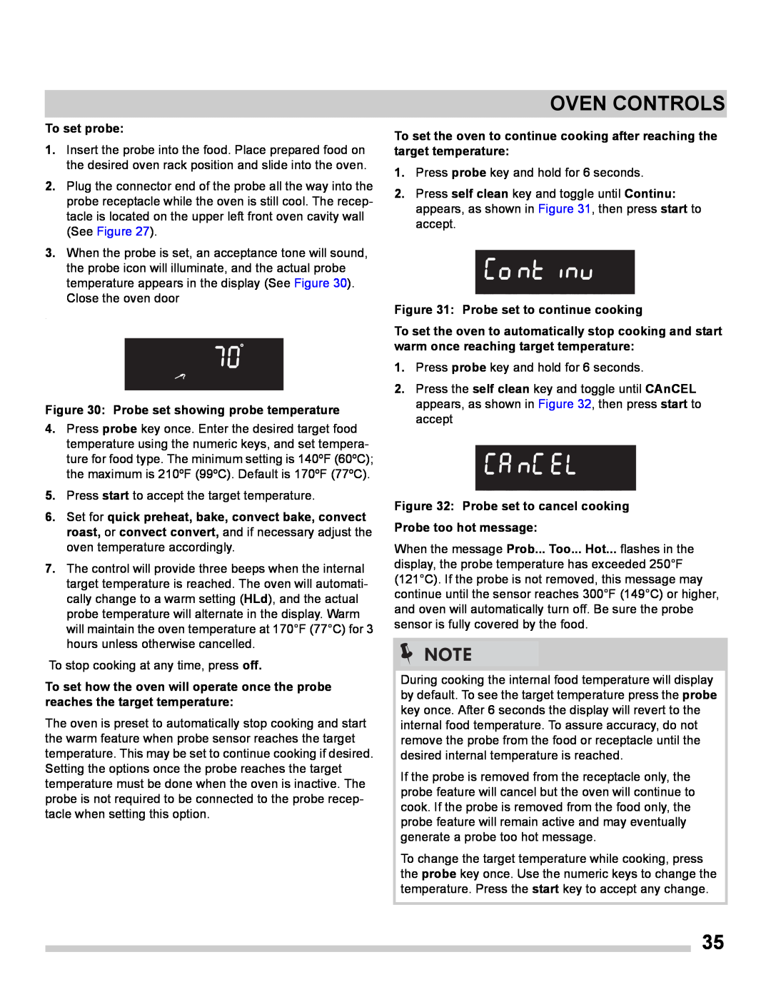 Frigidaire FGES3065PF Oven Controls, To set probe, Probe set showing probe temperature, Probe set to continue cooking 