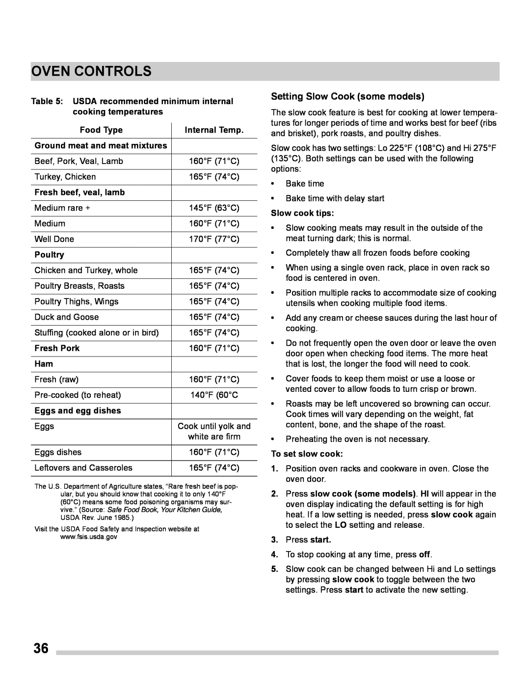 Frigidaire FGES3065PF Setting Slow Cook some models, Oven Controls, USDA recommended minimum internal cooking temperatures 