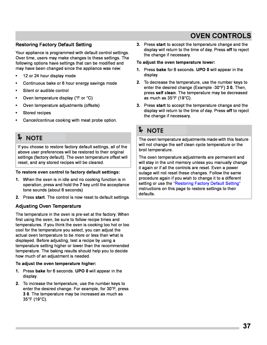 Frigidaire FGES3065PF manual Restoring Factory Default Setting, Adjusting Oven Temperature, Oven Controls 