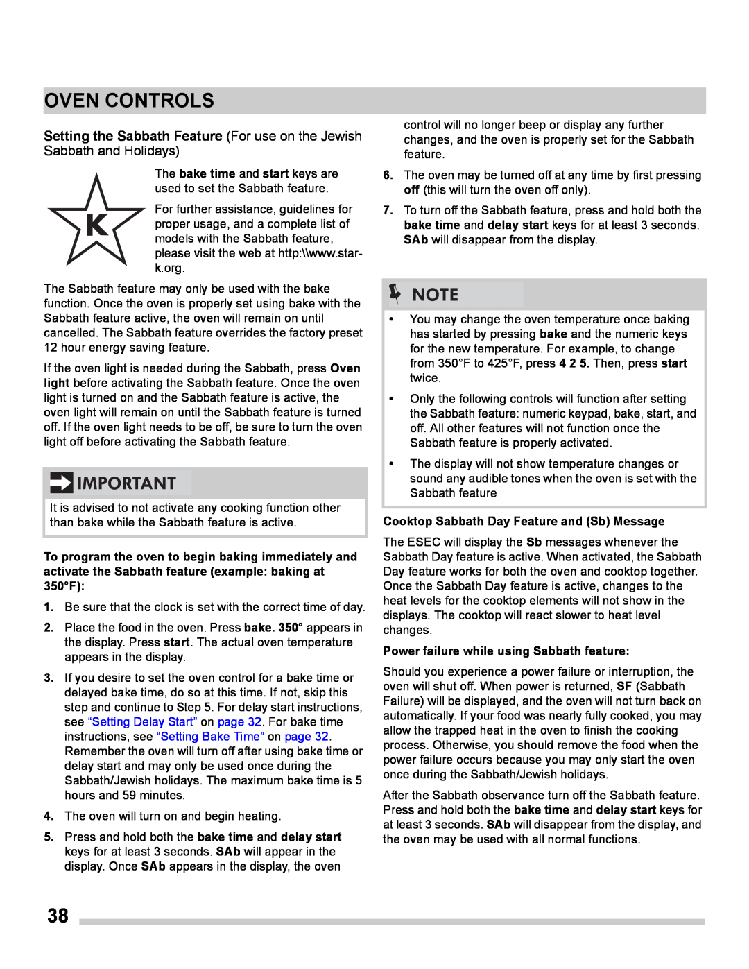 Frigidaire FGES3065PF manual Setting the Sabbath Feature For use on the Jewish, Oven Controls, Sabbath and Holidays 