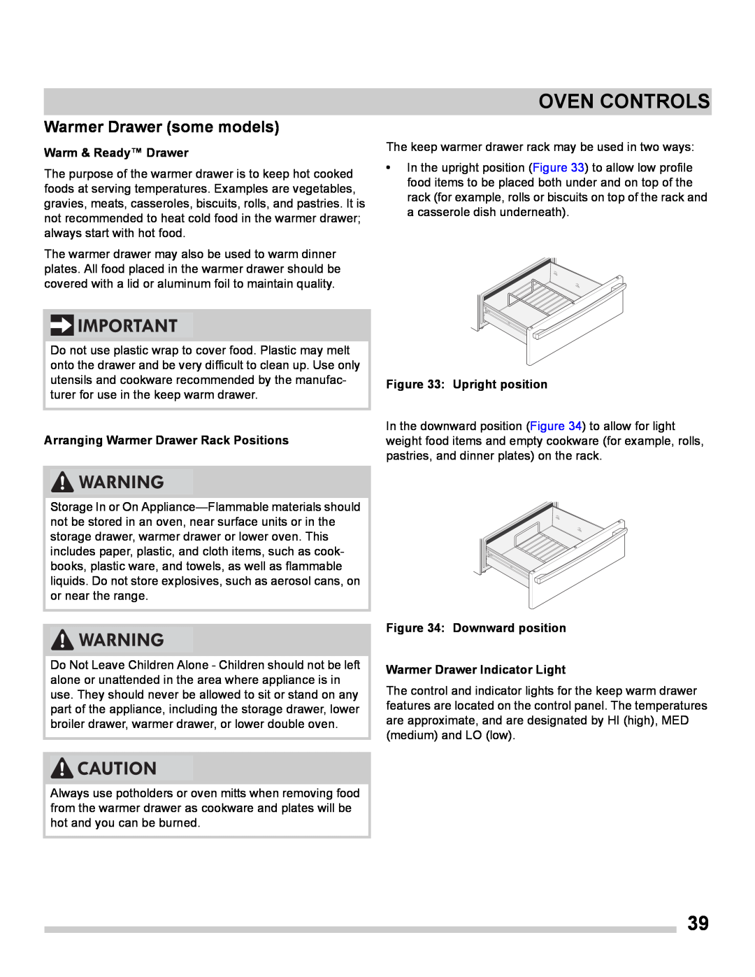 Frigidaire FGES3065PF manual Warmer Drawer some models, Oven Controls, Warm & Ready Drawer, Upright position 