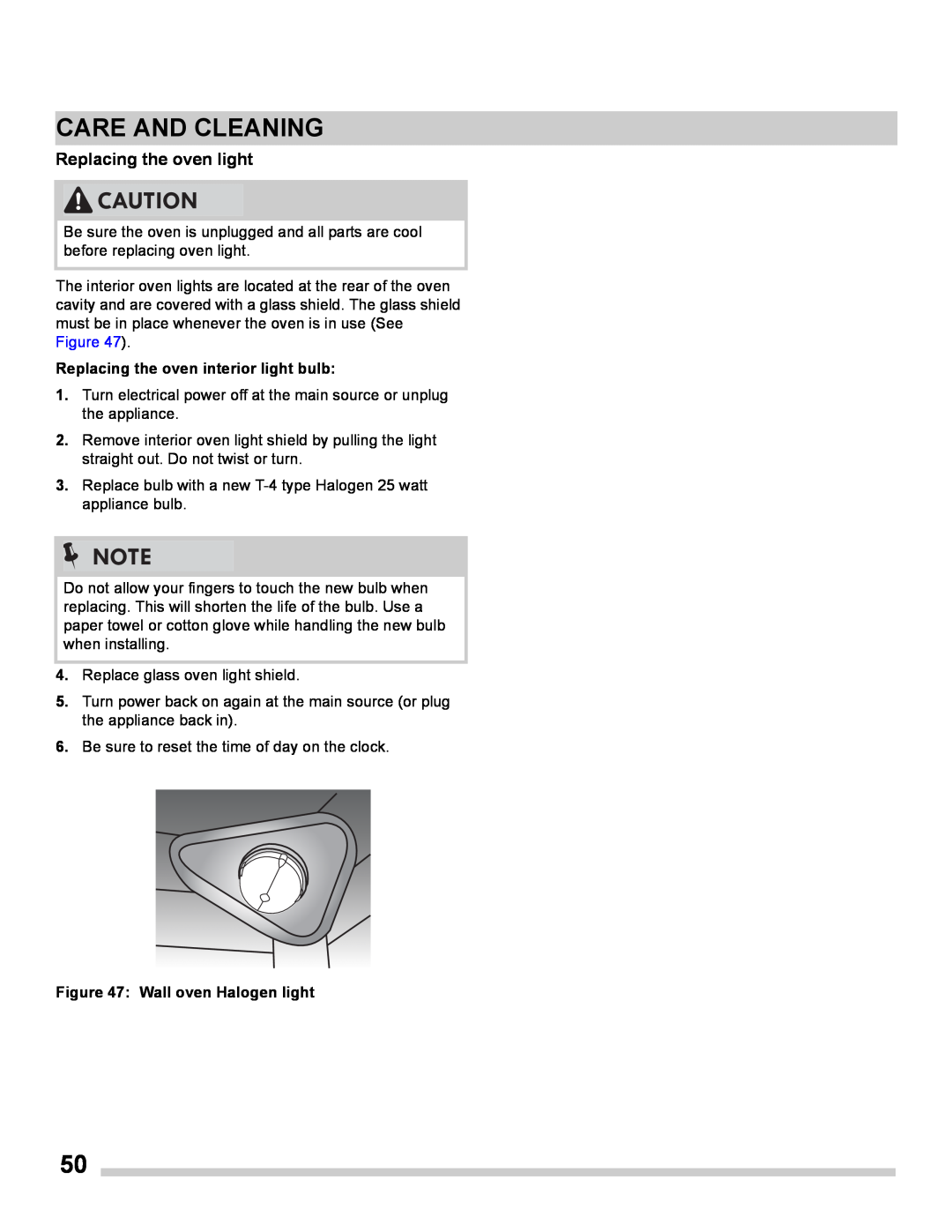 Frigidaire FGES3065PF manual Replacing the oven light, Care And Cleaning, Replacing the oven interior light bulb 