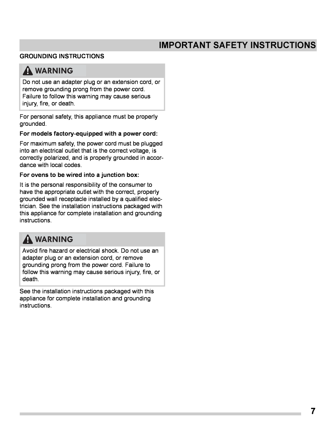 Frigidaire FGES3065PF Grounding Instructions, For models factory-equipped with a power cord, Important Safety Instructions 