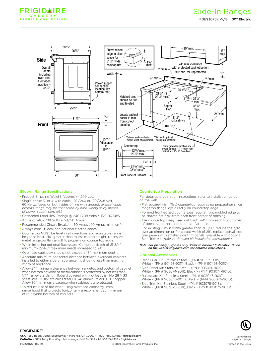 Frigidaire FGES3075K W/B dimensions Slide-In Range Specifications, Countertop Preparation, Optional Accessories 