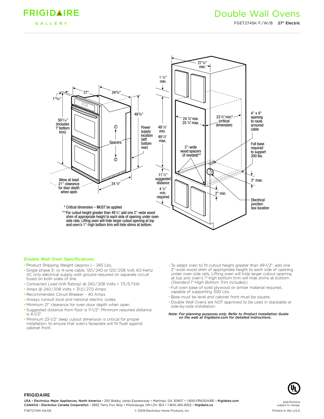 Frigidaire FGET2745KW, FGET2745KB, FGET2745KF dimensions Double Wall Ovens, Double Wall Oven Specifications, Frigidaire 