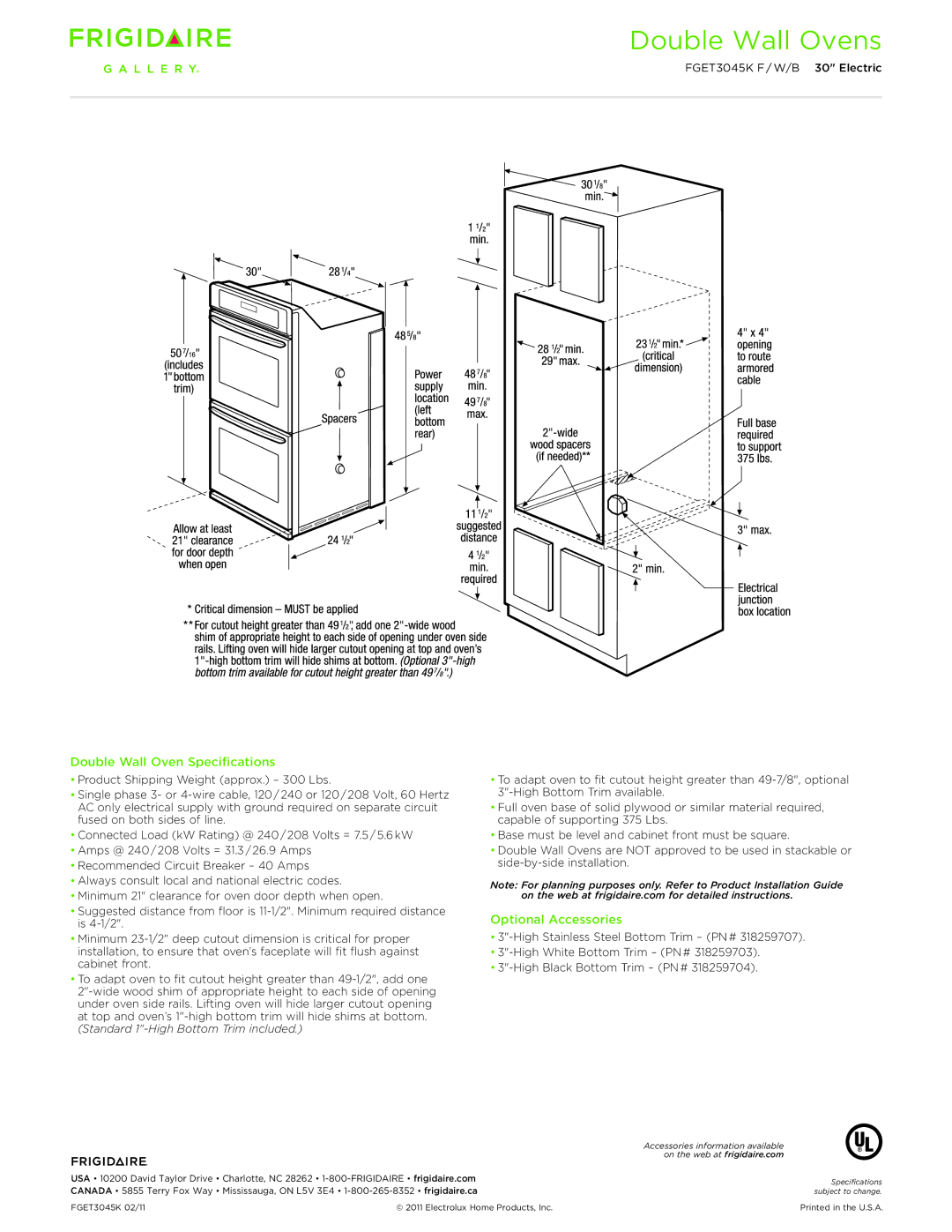 Frigidaire FGET3045K F/W/B dimensions Double Wall Oven Specifications, Optional Accessories 