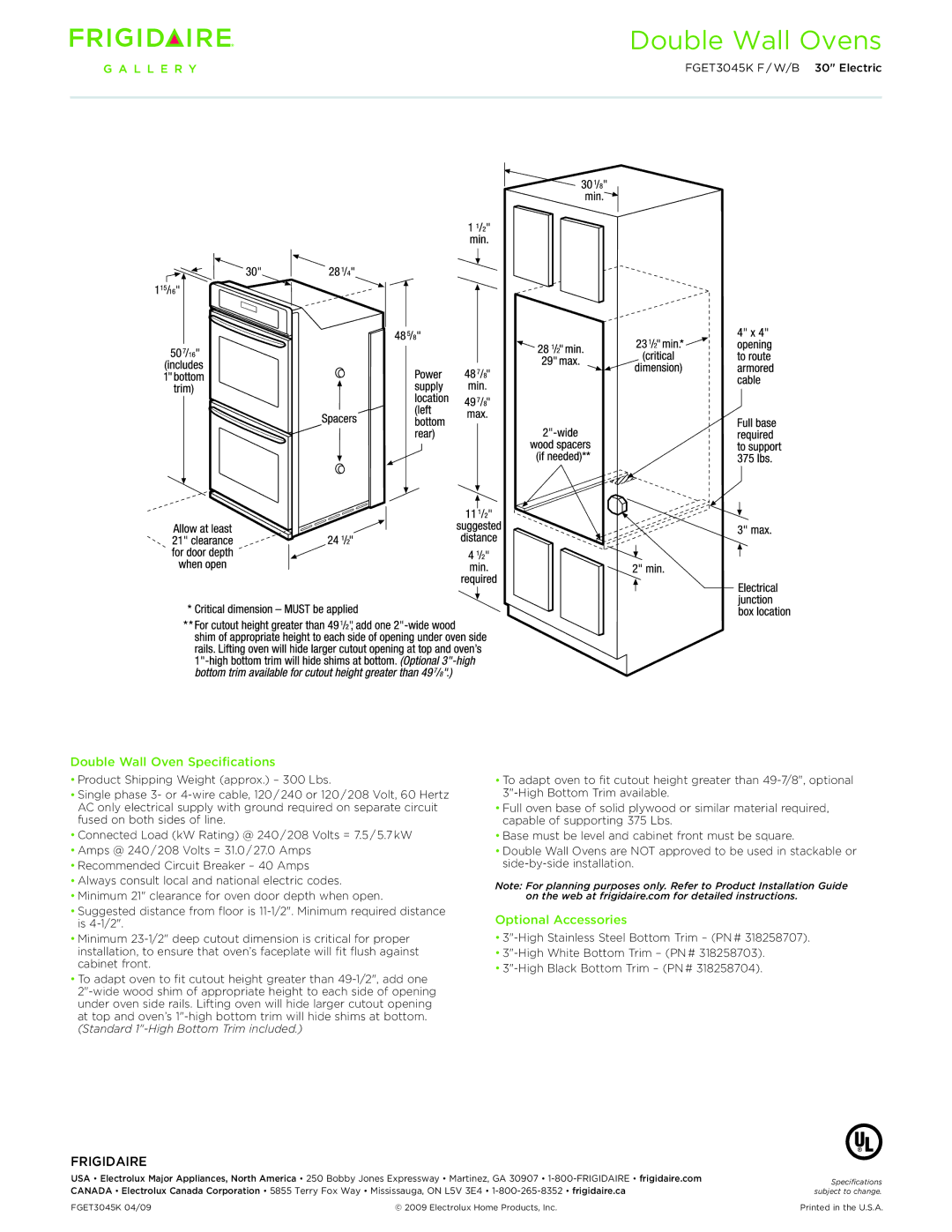 Frigidaire FGET3045KW, FGET3045KF Double Wall Ovens, Double Wall Oven Specifications, Optional Accessories, Frigidaire 