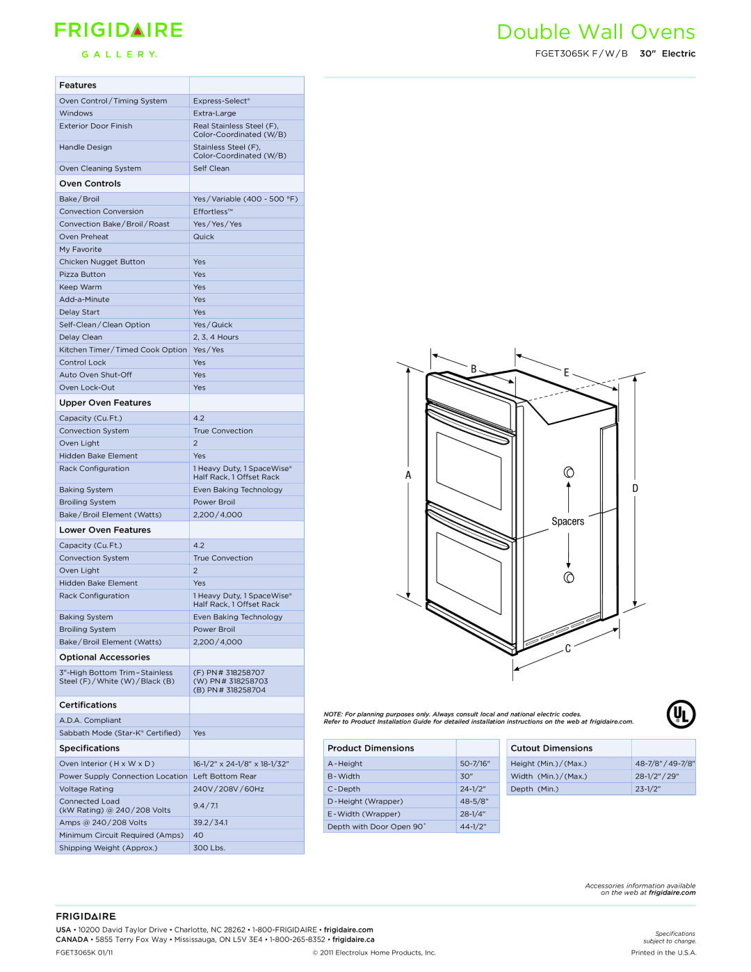 Frigidaire FGET3065K Oven Controls, Upper Oven Features, Lower Oven Features, Optional Accessories, Certifications 