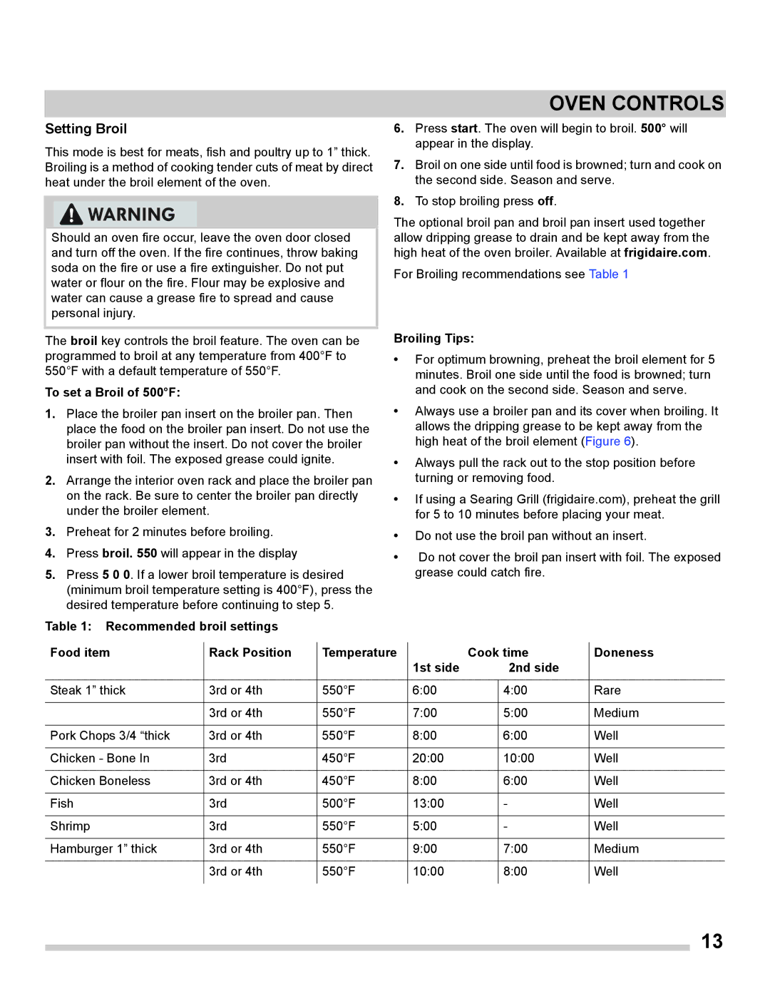 Frigidaire FGET3065PF Setting Broil, To set a Broil of 500F, Recommended broil settings, Broiling Tips 