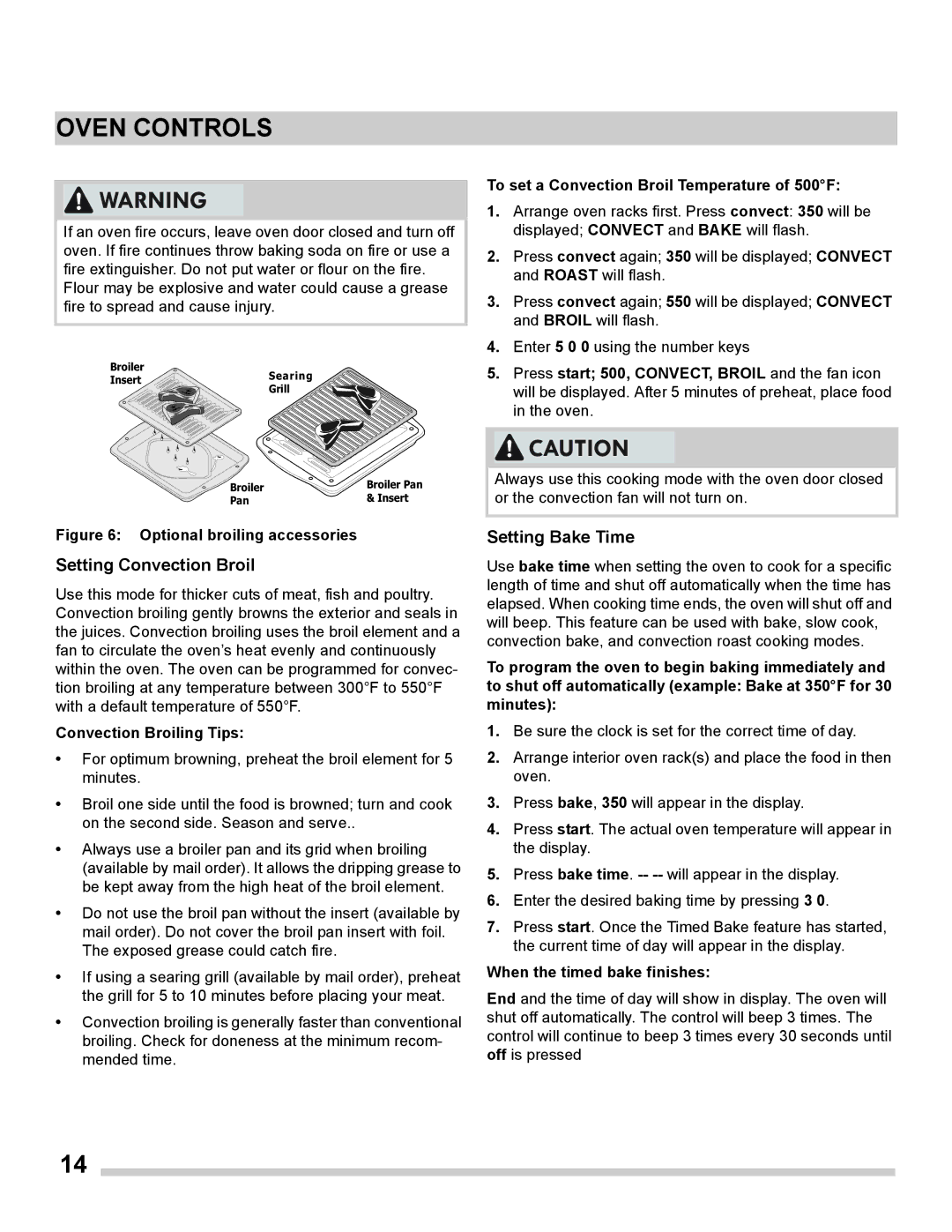 Frigidaire FGET3065PF Setting Convection Broil, Setting Bake Time, Convection Broiling Tips, When the timed bake finishes 