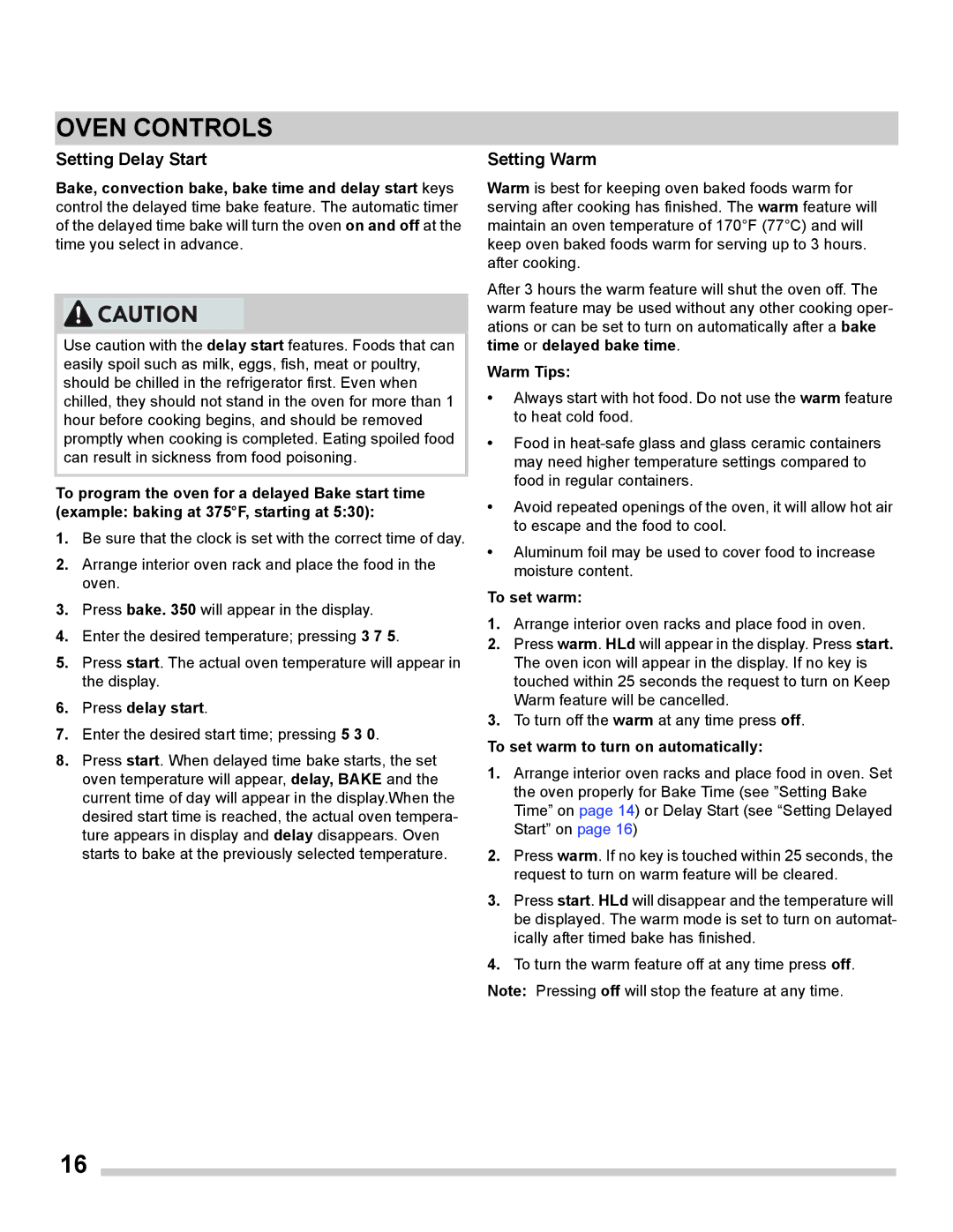 Frigidaire FGET3065PF important safety instructions Setting Delay Start, Setting Warm 