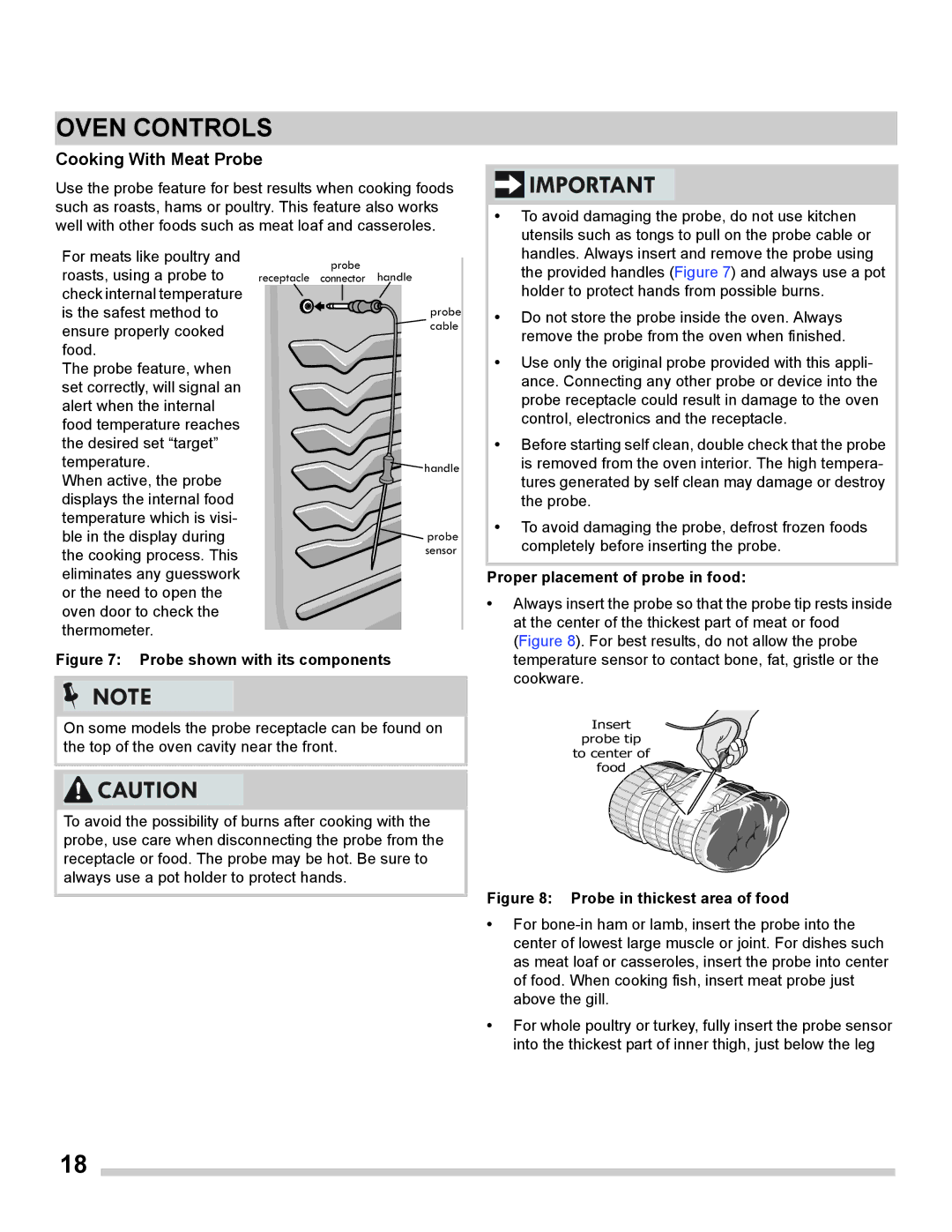 Frigidaire FGET3065PF important safety instructions Cooking With Meat Probe, Proper placement of probe in food 