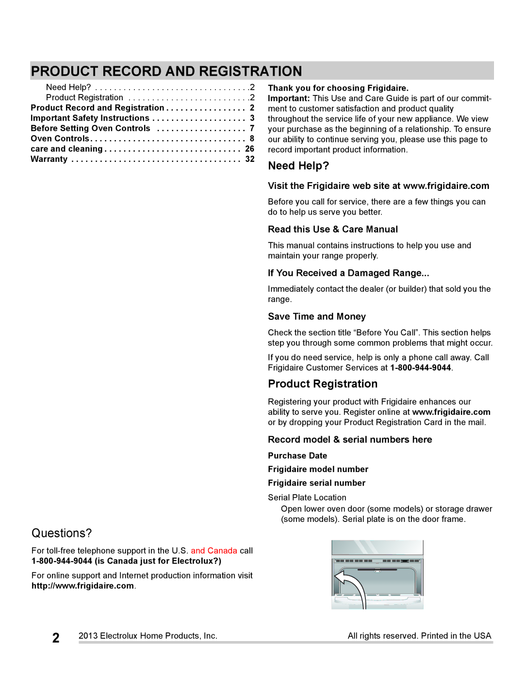 Frigidaire FGET3065PF Product Record and Registration, Read this Use & Care Manual, If You Received a Damaged Range 