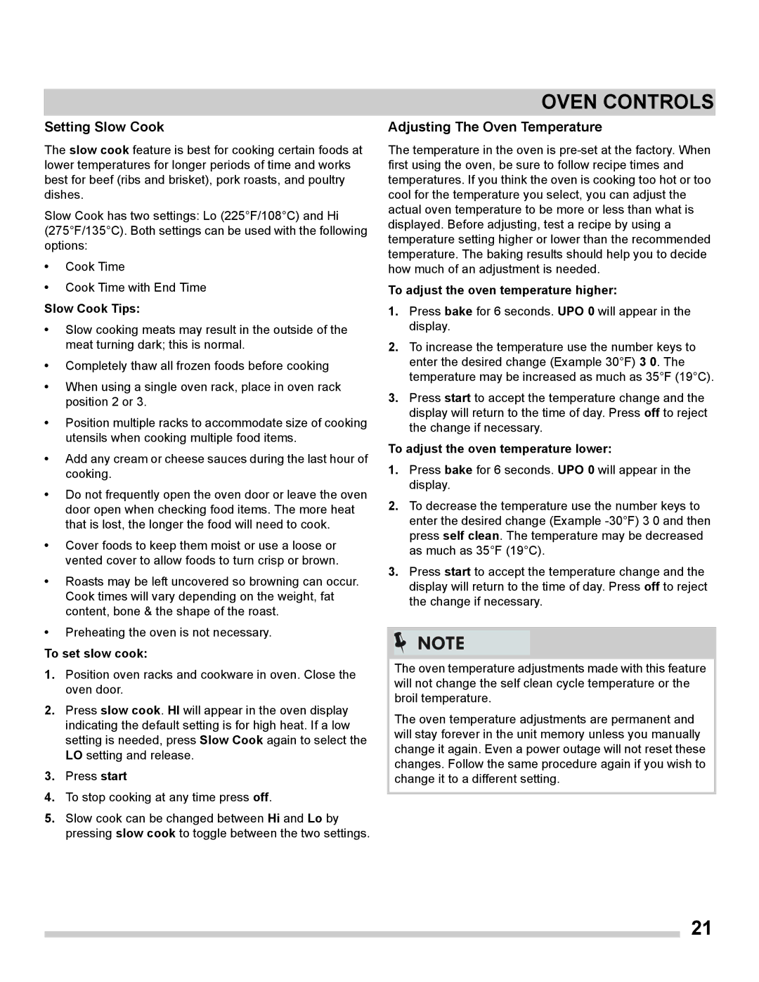 Frigidaire FGET3065PF important safety instructions Setting Slow Cook, Adjusting The Oven Temperature 