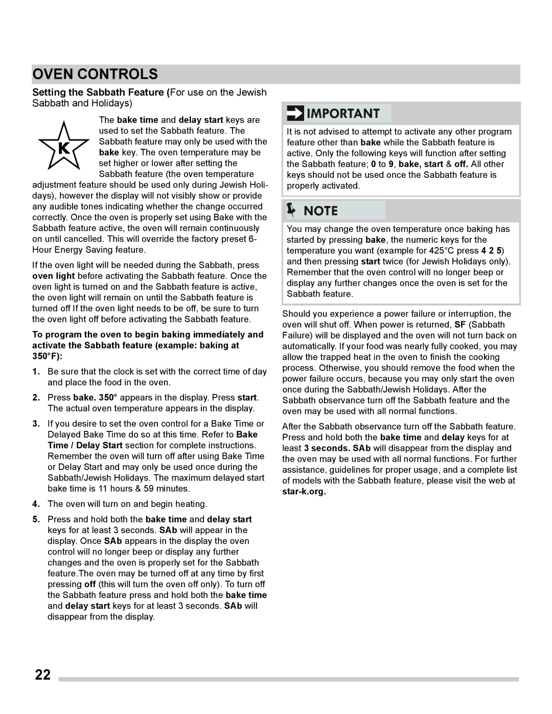 Frigidaire FGET3065PF important safety instructions Setting the Sabbath Feature For use on the Jewish, Sabbath and Holidays 