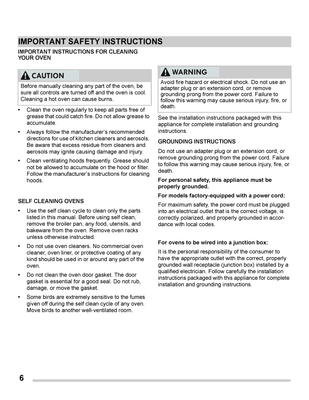 Frigidaire FGET3065PF Important Instructions for Cleaning Your Oven, For ovens to be wired into a junction box 