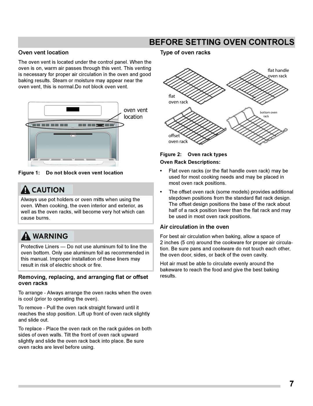 Frigidaire FGET3065PF Before Setting Oven Controls, Oven vent location, Type of oven racks, Air circulation in the oven 