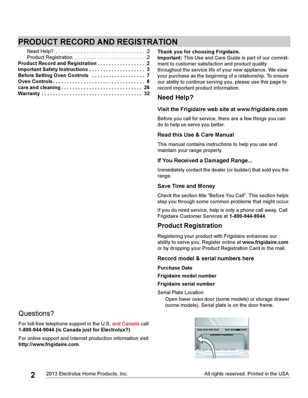 Frigidaire FGET3065PF Product Record And Registration, Read this Use & Care Manual, If You Received a Damaged Range 
