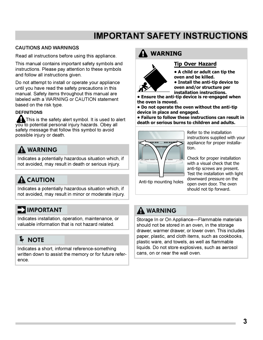 Frigidaire FGET3065PF important safety instructions Cautions And Warnings, Important Safety Instructions, Tip Over Hazard 