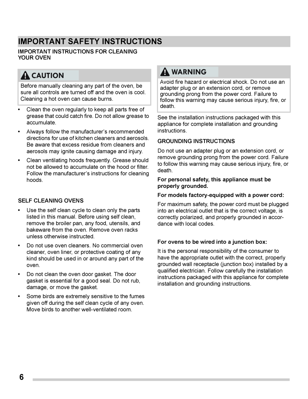 Frigidaire FGET3065PF Important Instructions For Cleaning Your Oven, Self Cleaning Ovens, Grounding Instructions 