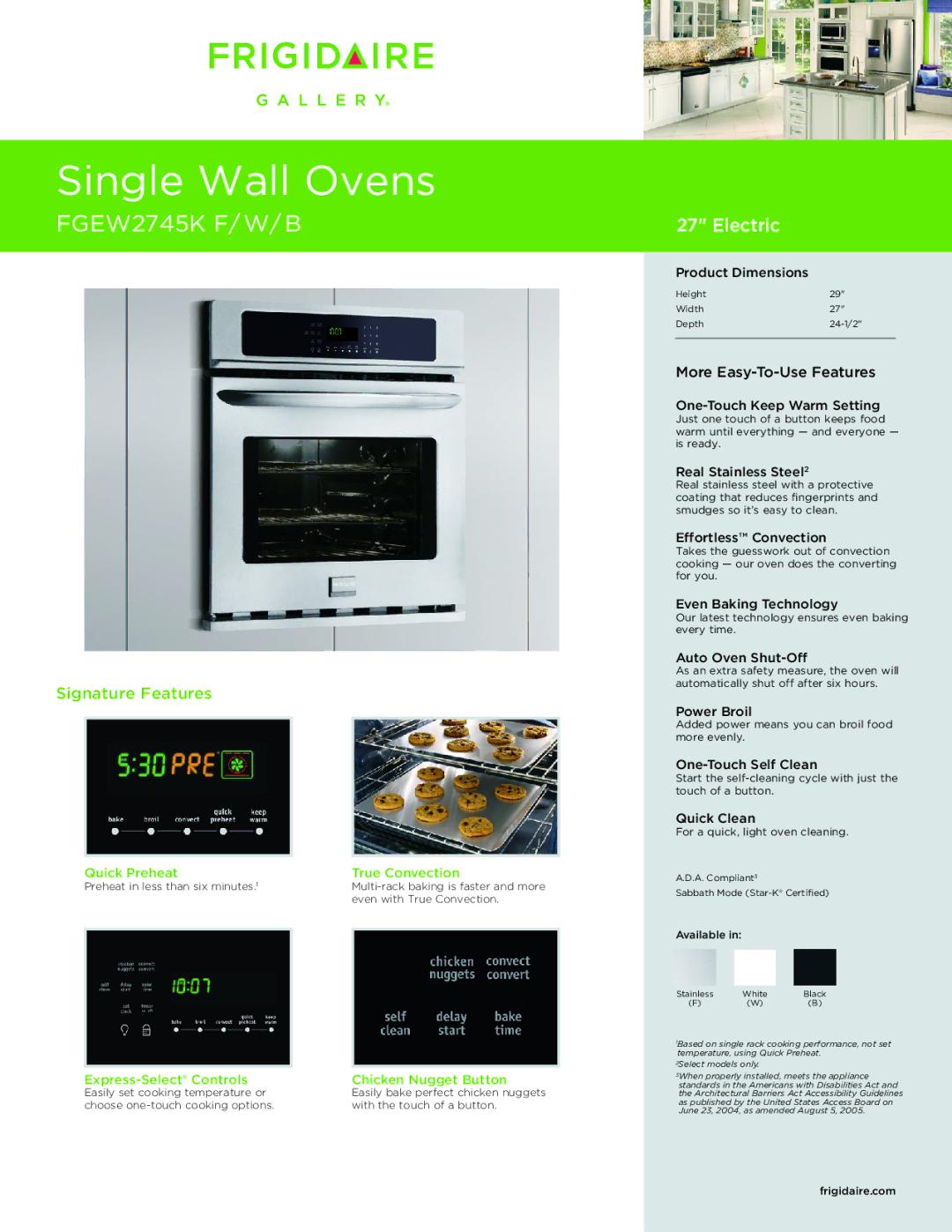 Frigidaire FGEW2745K F/W/B dimensions Single Wall Ovens 