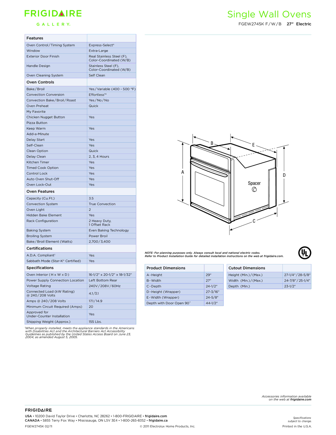 Frigidaire FGEW2745K F/W/B dimensions Single Wall Ovens 