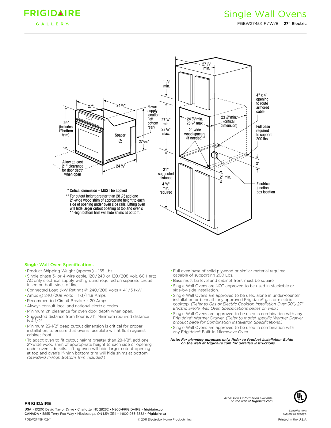 Frigidaire FGEW2745K F/W/B dimensions Single Wall Oven Specifications 