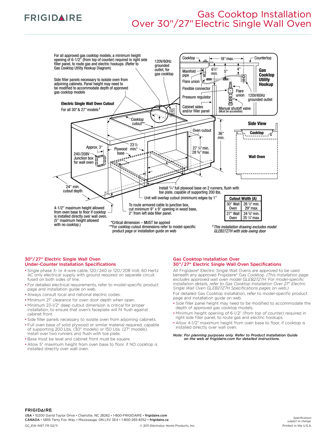 Frigidaire FGEW2745K F/W/B dimensions Gcew Inst FR 02/11 