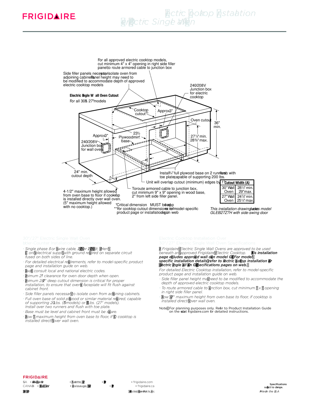 Frigidaire FGEW2745K F/W/B dimensions Electric Single Wall Oven Cutout 