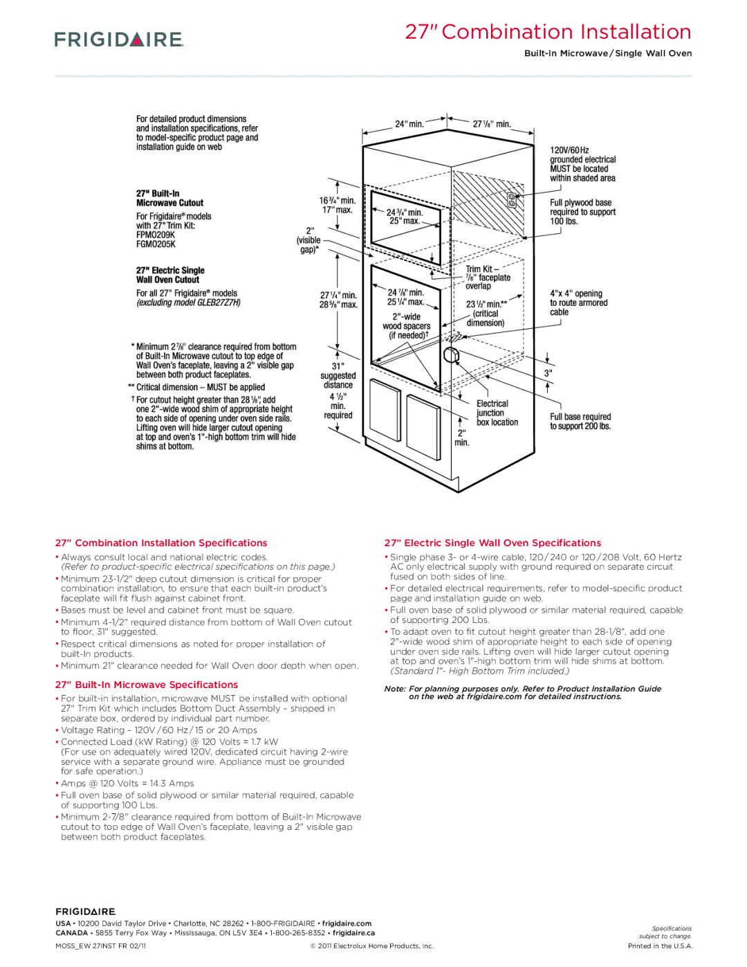 Frigidaire FGEW2745K F/W/B dimensions Combination Installation 