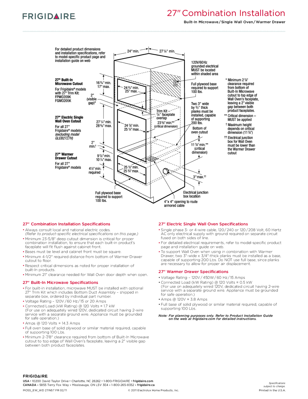 Frigidaire FGEW2745K F/W/B dimensions Warmer Drawer Specifications 