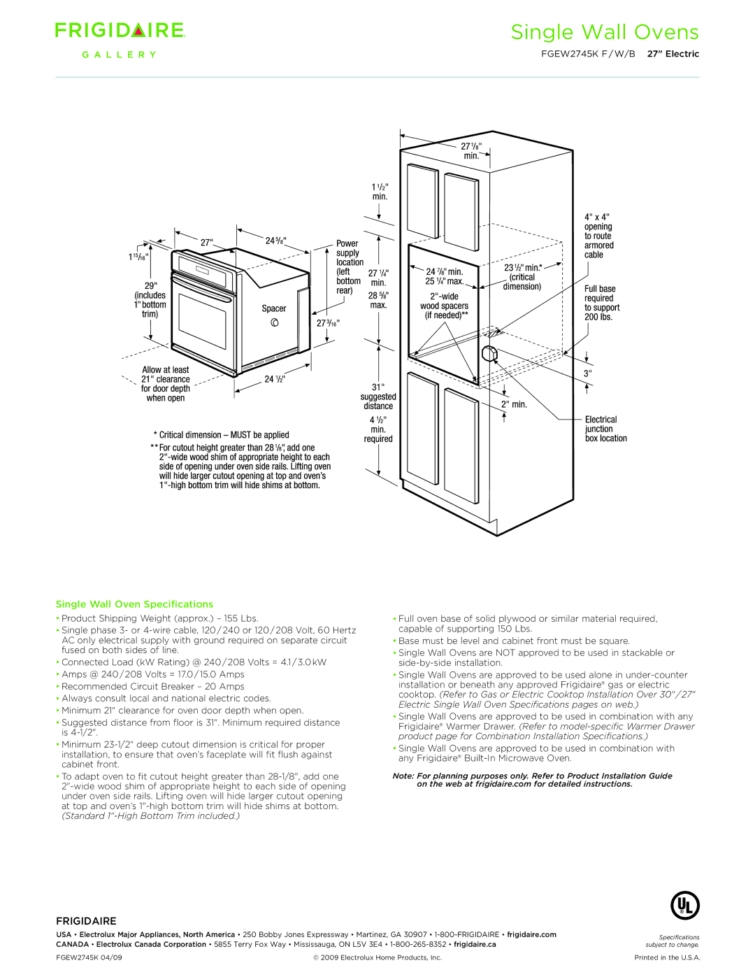 Frigidaire FGEW2745K dimensions Single Wall Ovens 