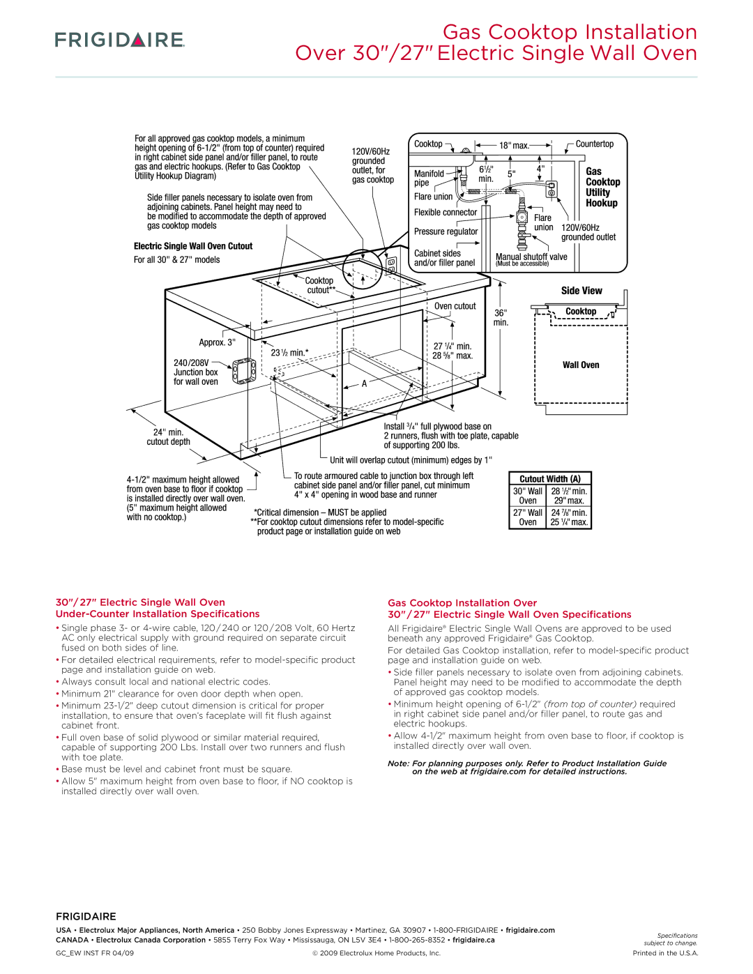 Frigidaire FGEW2745K dimensions Gcew Inst FR 04/09 