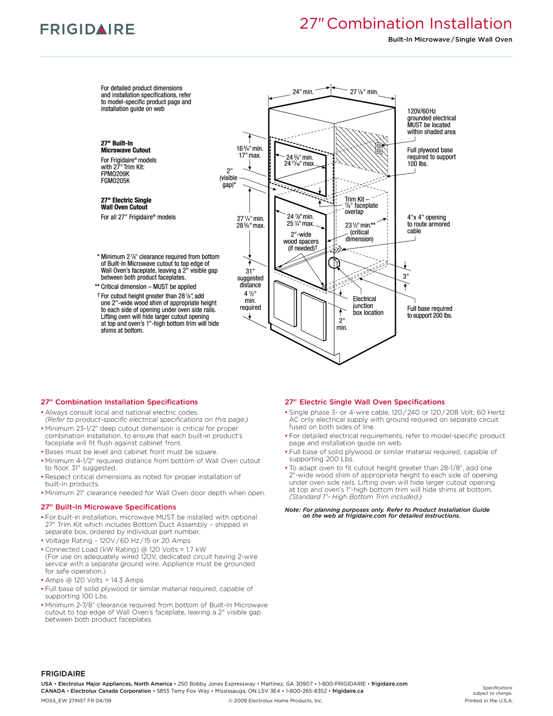 Frigidaire FGEW2745K dimensions Combination Installation 